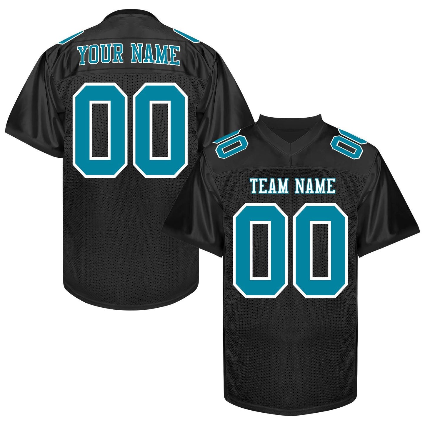 Custom Black Aqua Football Jersey Name Number Logo, Black Teal Football Uniform Men Women Youth Kid Game Day Sports Jersey Streetwear Jersey