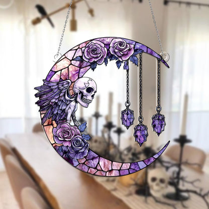Gothic Moon Window Hanging with Skull & Angel Wings – Witchy Crystal Sun Catcher, Halloween Wall Decor, Boho Gothic Witch Home Decoration