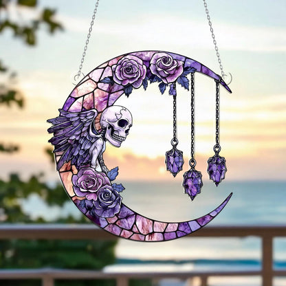 Gothic Moon Window Hanging with Skull & Angel Wings – Witchy Crystal Sun Catcher, Halloween Wall Decor, Boho Gothic Witch Home Decoration