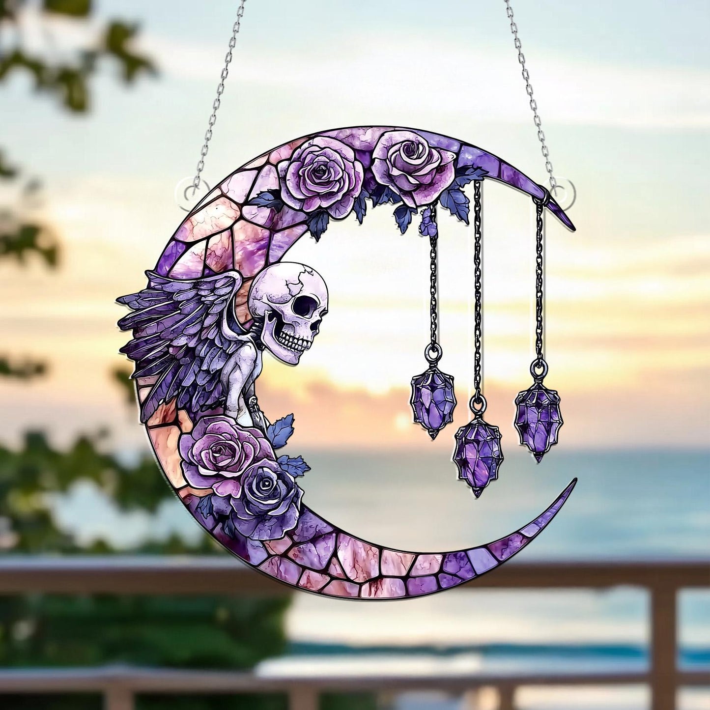Gothic Moon Window Hanging with Skull & Angel Wings – Witchy Crystal Sun Catcher, Halloween Wall Decor, Boho Gothic Witch Home Decoration