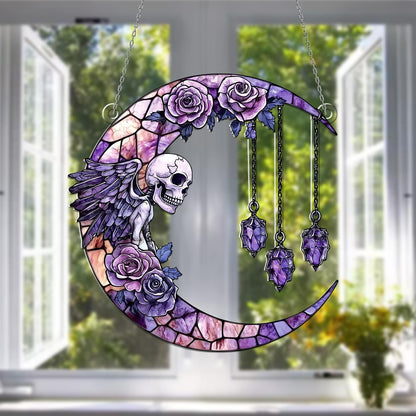 Gothic Moon Window Hanging with Skull & Angel Wings – Witchy Crystal Sun Catcher, Halloween Wall Decor, Boho Gothic Witch Home Decoration