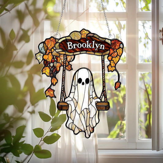 Personalized Ghost Window Hanging with Name – Custom Halloween Window Decoration, Spooky Autumn Wall Art, Cute Gothic Home Decor Gift