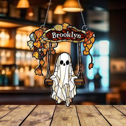 Personalized Ghost Window Hanging with Name – Custom Halloween Window Decoration, Spooky Autumn Wall Art, Cute Gothic Home Decor Gift
