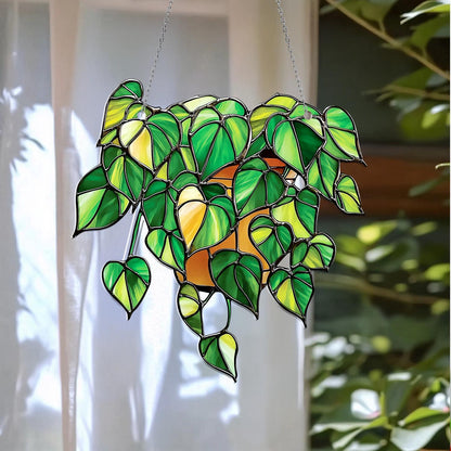 Green Leaf Window Hanging with Potted Plant Design – Nature Inspired Home Decoration, Boho Wall Art, Botanical Window Decor Gift Idea