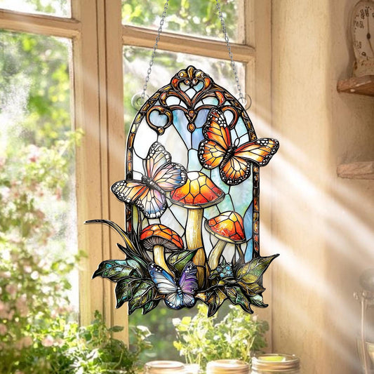 Butterfly and Mushroom Window Hanging – Colorful Acrylic Sun Catcher Window Art Decoration for Home, Kitchen, Garden or Gift Idea