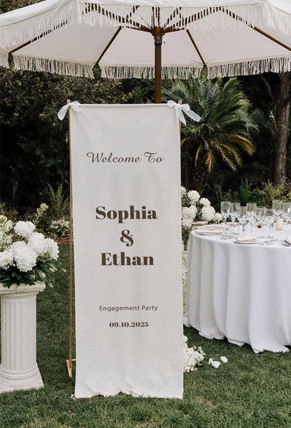 Engagement Party Welcome Sign, Custom Fabric Banner, Personalized Ceremony Sign, Rustic Outdoor Engagement Decor, Wedding Decoration