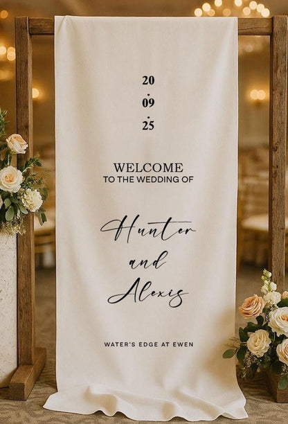 Minimalist Wedding Welcome Sign, Custom Fabric Banner, Personalized Ceremony Sign, Modern Wedding Decor, Rustic Outdoor Reception Sign