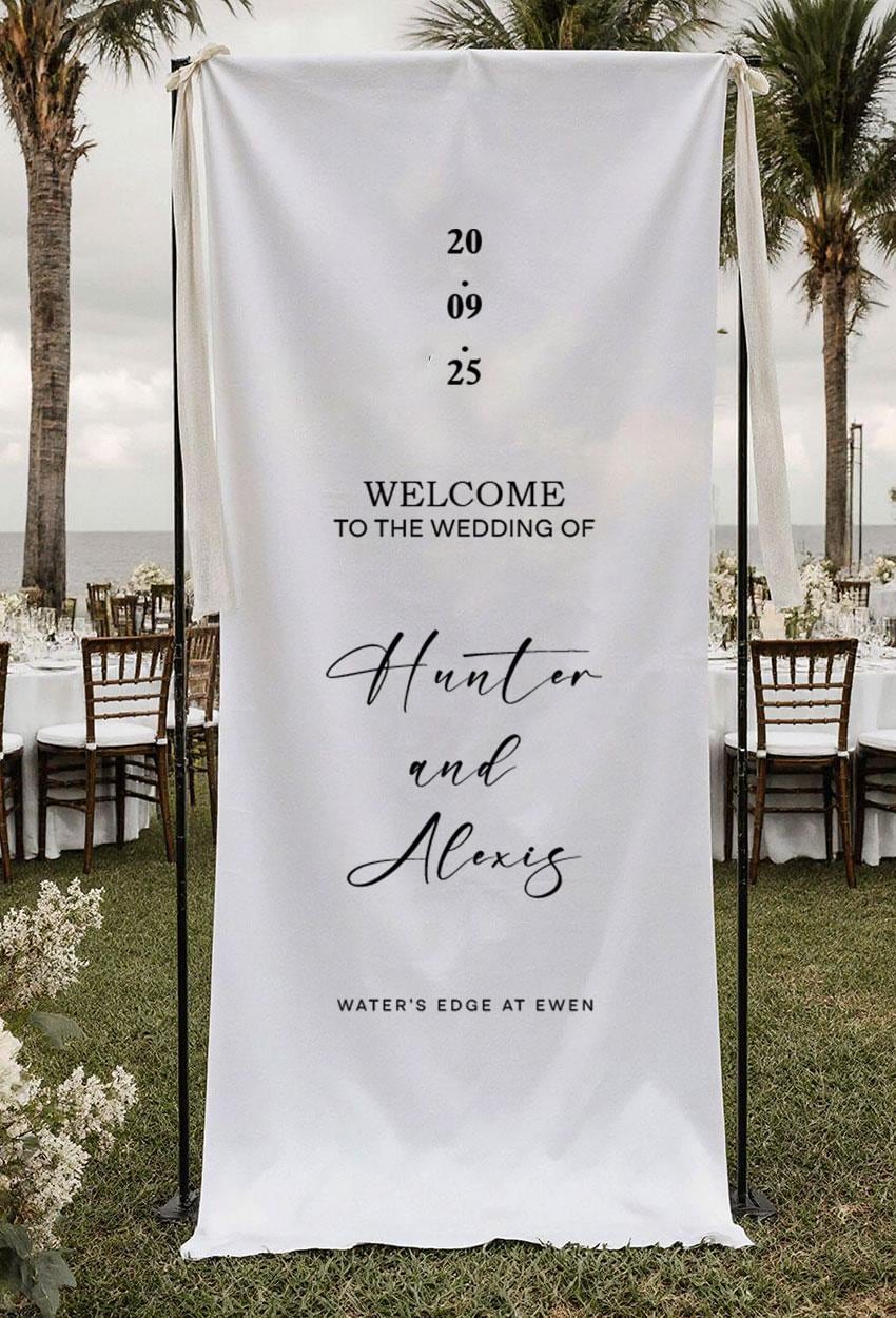 Minimalist Wedding Welcome Sign, Custom Fabric Banner, Personalized Ceremony Sign, Modern Wedding Decor, Rustic Outdoor Reception Sign