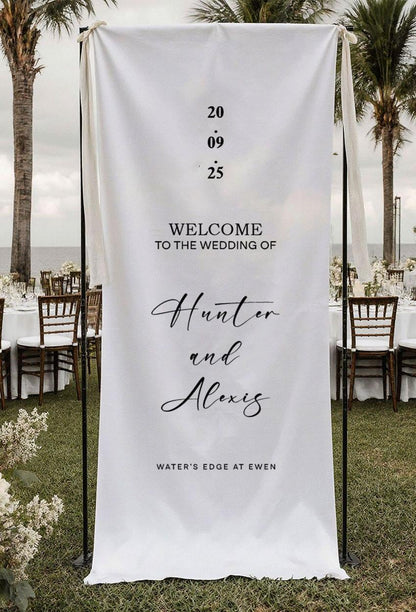 Minimalist Wedding Welcome Sign, Custom Fabric Banner, Personalized Ceremony Sign, Modern Wedding Decor, Rustic Outdoor Reception Sign