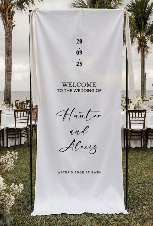 Minimalist Wedding Welcome Sign, Custom Fabric Banner, Personalized Ceremony Sign, Modern Wedding Decor, Rustic Outdoor Reception Sign