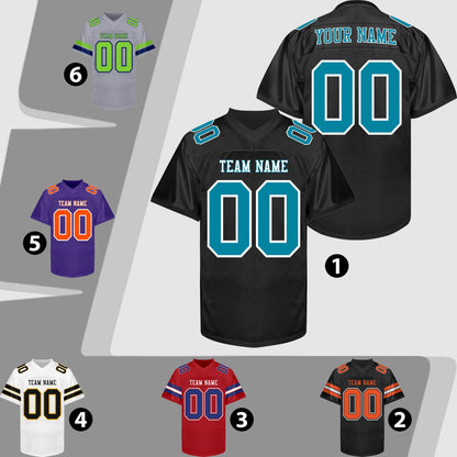 Custom Black Aqua Football Jersey Name Number Logo, Black Teal Football Uniform Men Women Youth Kid Game Day Sports Jersey Streetwear Jersey