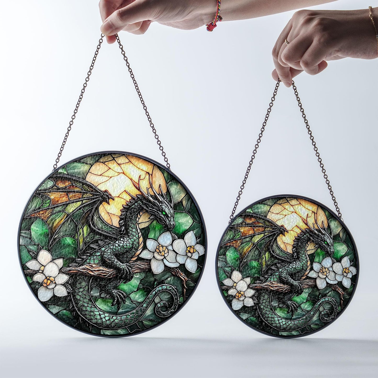 Green Dragon Stained Glass Suncatcher – Fantasy Window Hanging Decoration, Gothic Home Décor, Unique Dragon Lover Gift Ornament