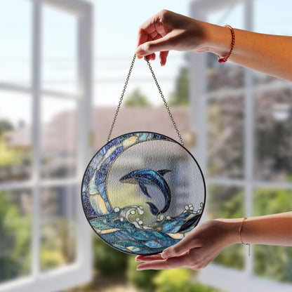 Ocean Dolphin Stained Glass Suncatcher – Blue Dolphin Window Hanging Decoration, Nautical Sea Life Sun Catcher Gift for Beach Lovers
