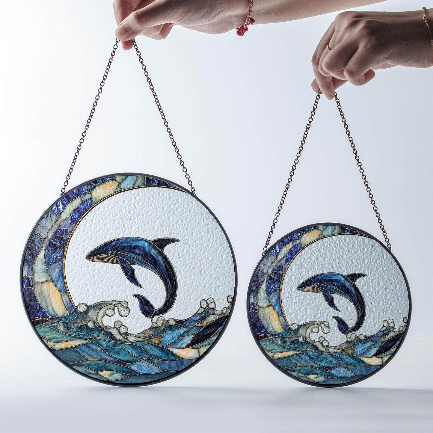 Ocean Dolphin Stained Glass Suncatcher – Blue Dolphin Window Hanging Decoration, Nautical Sea Life Sun Catcher Gift for Beach Lovers