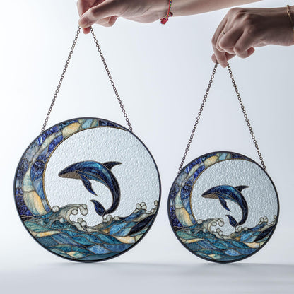 Ocean Dolphin Stained Glass Suncatcher – Blue Dolphin Window Hanging Decoration, Nautical Sea Life Sun Catcher Gift for Beach Lovers