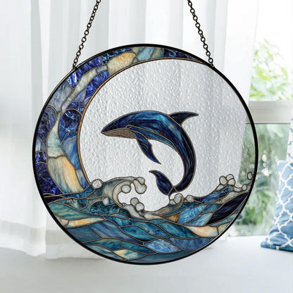 Ocean Dolphin Stained Glass Suncatcher – Blue Dolphin Window Hanging Decoration, Nautical Sea Life Sun Catcher Gift for Beach Lovers