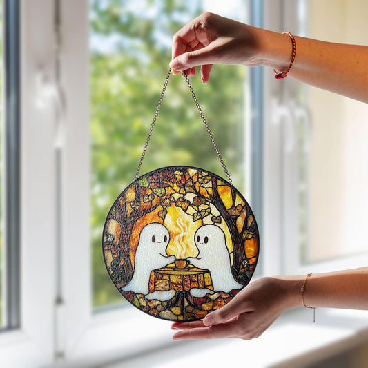 Cute Ghost Stained Glass Suncatcher – Halloween Window Hanging Decoration, Spooky Ghost Coffee Date Sun Catcher Gift for Gothic Home Décor