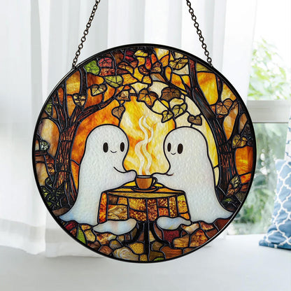 Cute Ghost Stained Glass Suncatcher – Halloween Window Hanging Decoration, Spooky Ghost Coffee Date Sun Catcher Gift for Gothic Home Décor