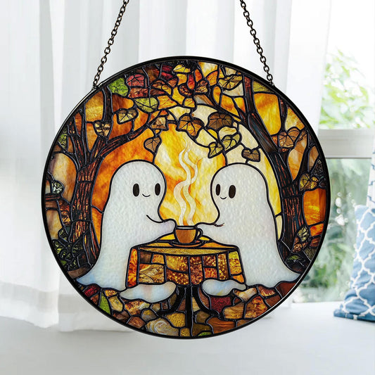 Cute Ghost Stained Glass Suncatcher – Halloween Window Hanging Decoration, Spooky Ghost Coffee Date Sun Catcher Gift for Gothic Home Décor