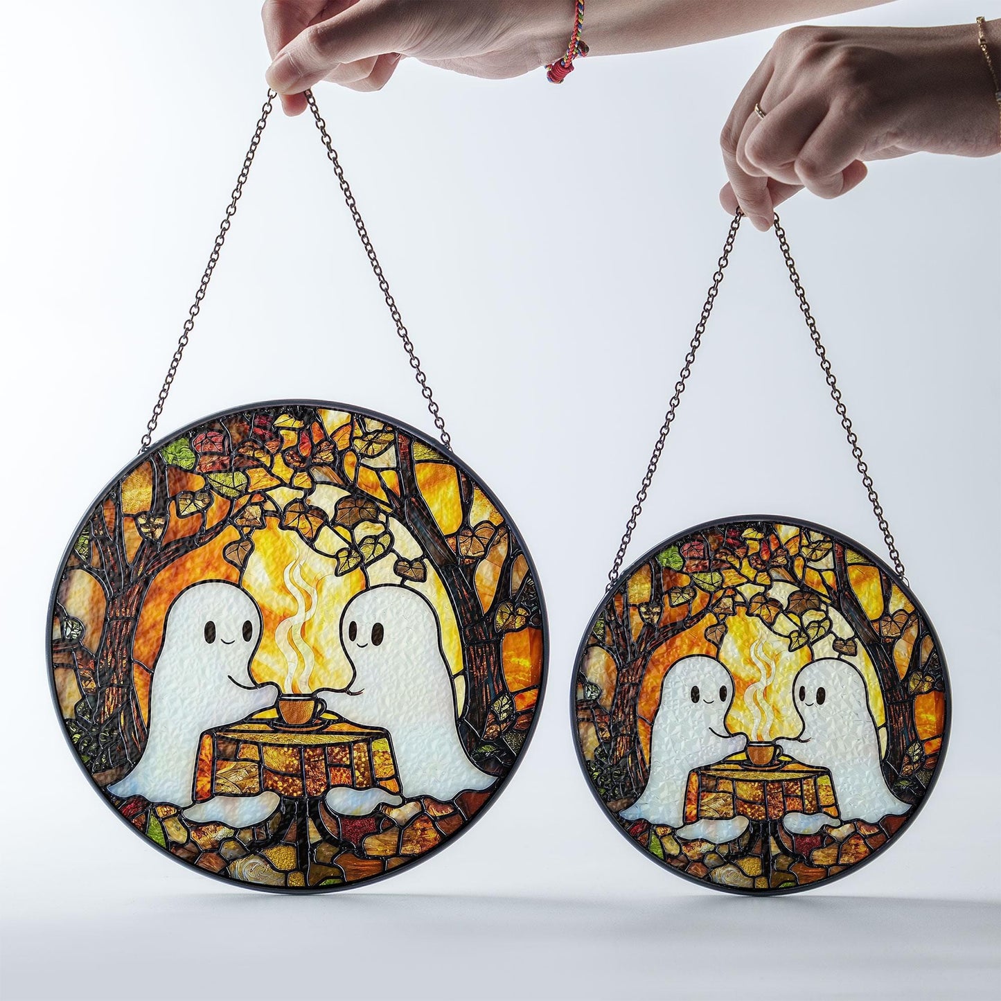 Cute Ghost Stained Glass Suncatcher – Halloween Window Hanging Decoration, Spooky Ghost Coffee Date Sun Catcher Gift for Gothic Home Décor