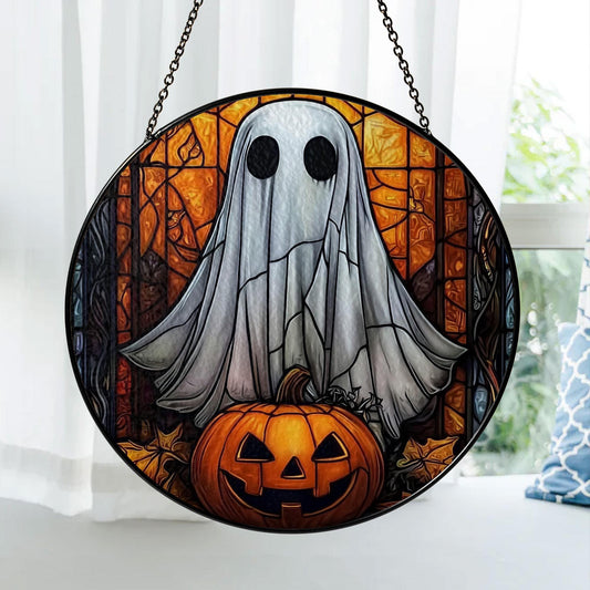 Halloween Ghost Stained Glass Suncatcher – Spooky Ghost with Pumpkin Window Hanging, Gothic Home Décor, Unique Sun Catcher Gift