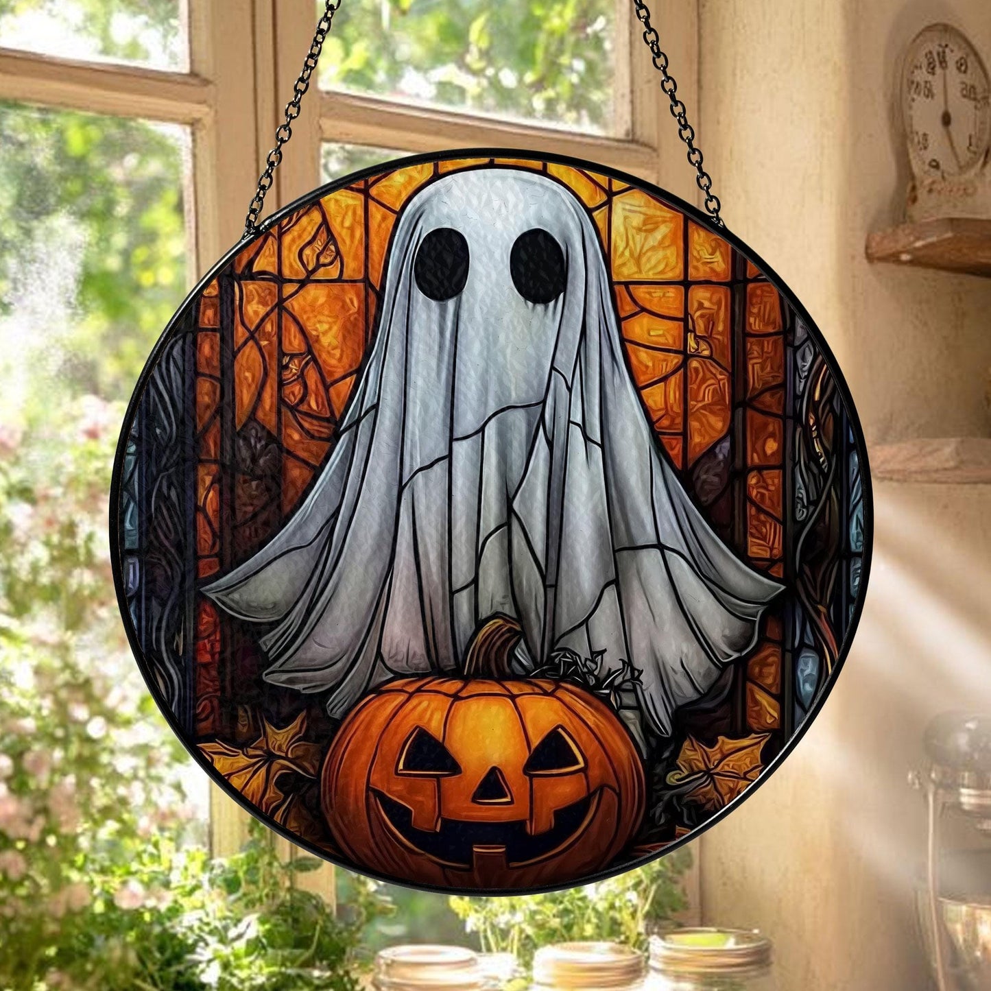 Halloween Ghost Stained Glass Suncatcher – Spooky Ghost with Pumpkin Window Hanging, Gothic Home Décor, Unique Sun Catcher Gift