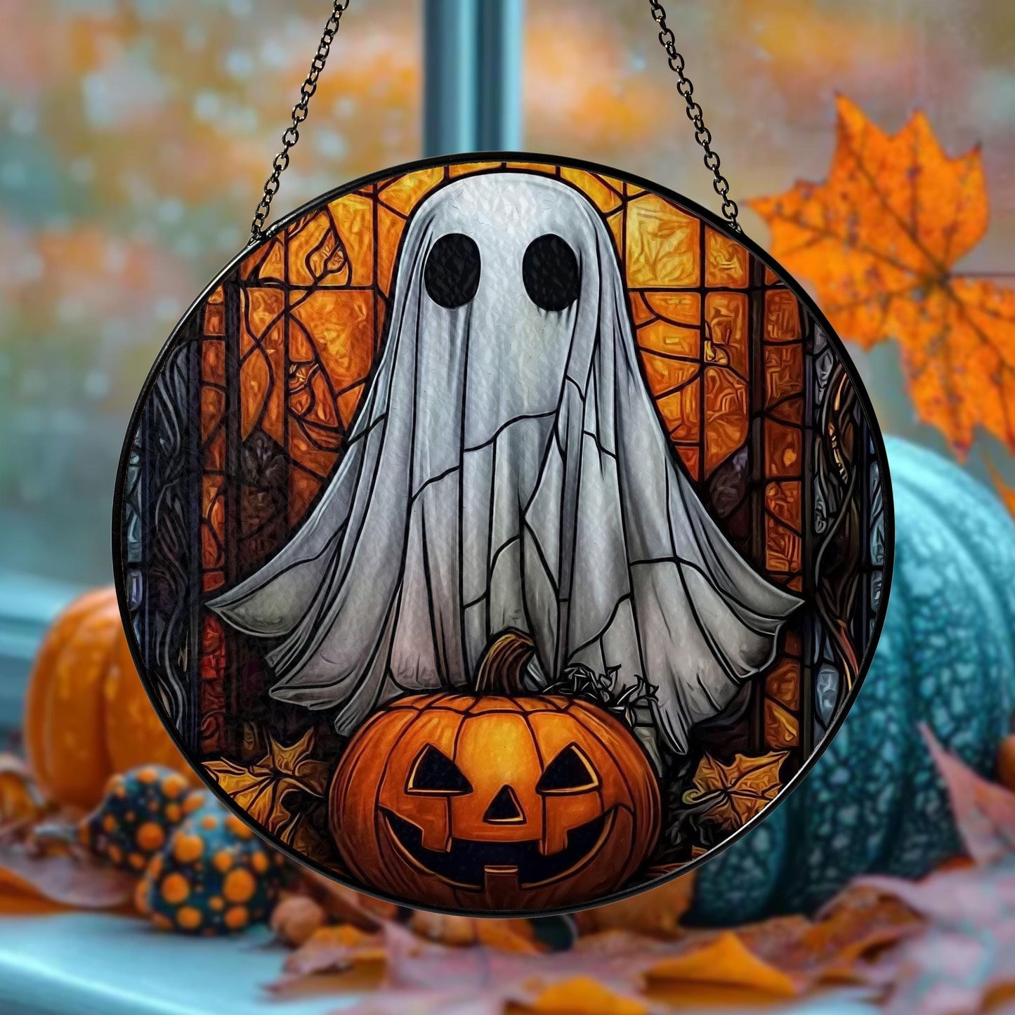 Halloween Ghost Stained Glass Suncatcher – Spooky Ghost with Pumpkin Window Hanging, Gothic Home Décor, Unique Sun Catcher Gift