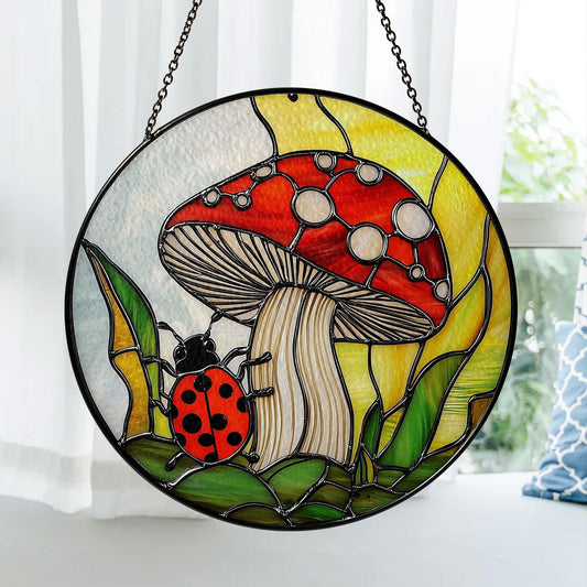 Mushroom Ladybug Stained Glass Suncatcher – Colorful Window Hanging Decoration, Nature Inspired Sun Catcher Gift for Garden and Home Décor