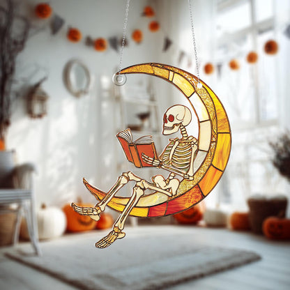 Skeleton Reading on Crescent Moon Window Hanging Decoration for Halloween, Spooky Gothic Home Décor and Unique Stained Art Ornament.