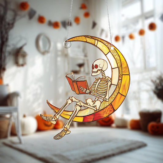 Skeleton Reading on Crescent Moon Window Hanging Decoration for Halloween, Spooky Gothic Home Décor and Unique Stained Art Ornament.