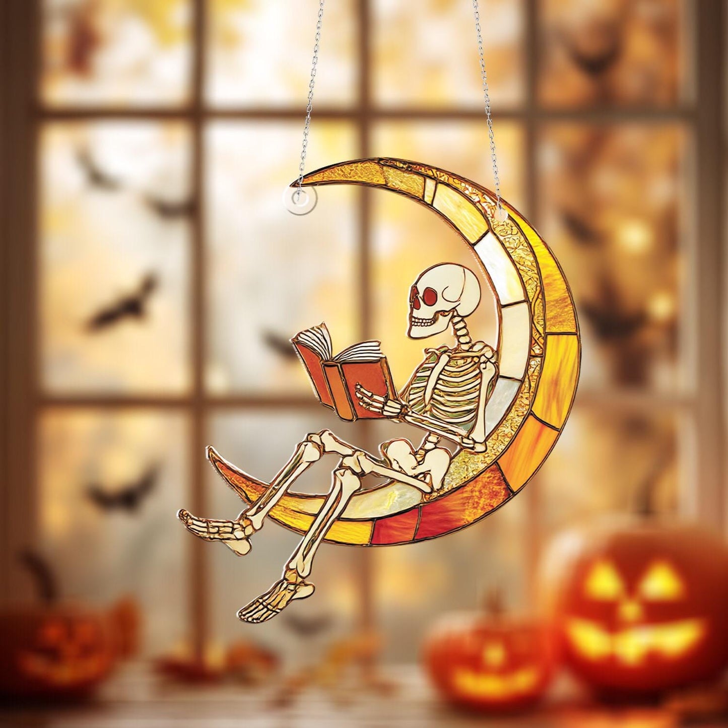 Skeleton Reading on Crescent Moon Window Hanging Decoration for Halloween, Spooky Gothic Home Décor and Unique Stained Art Ornament.