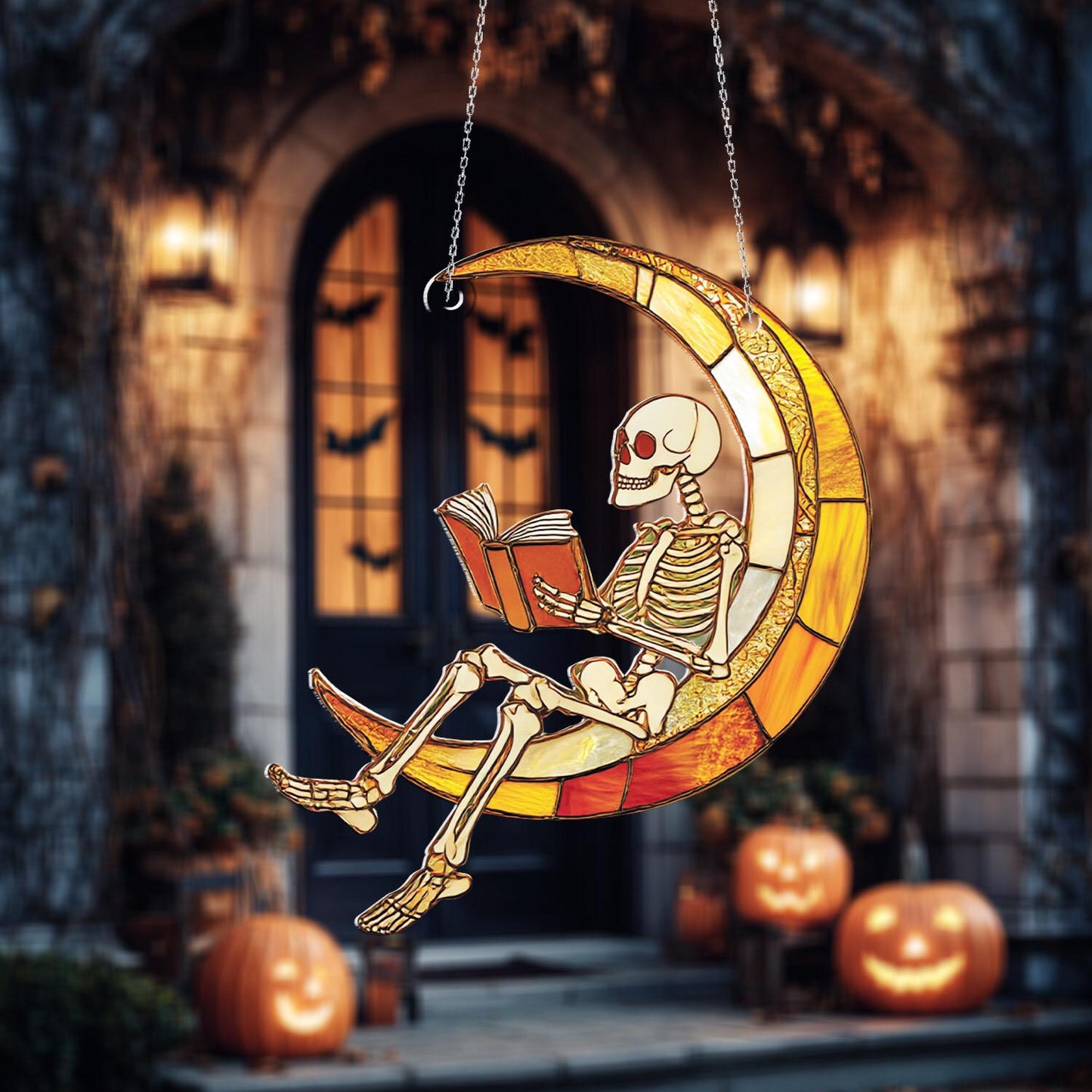 Skeleton Reading on Crescent Moon Window Hanging Decoration for Halloween, Spooky Gothic Home Décor and Unique Stained Art Ornament.