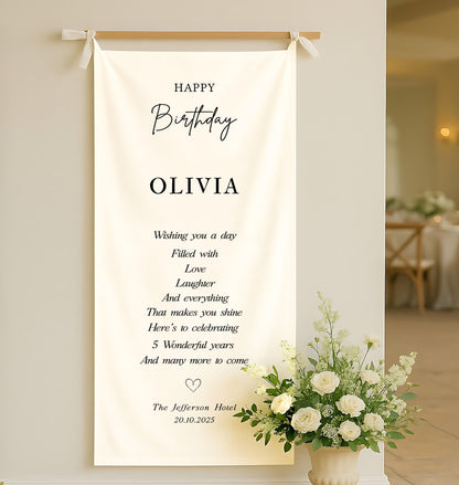 Personalized Birthday Banner, Custom Fabric Sign, Happy Birthday Party Decor, Custom Name Flag, Elegant Wall Art, Customizable Birthday Sign
