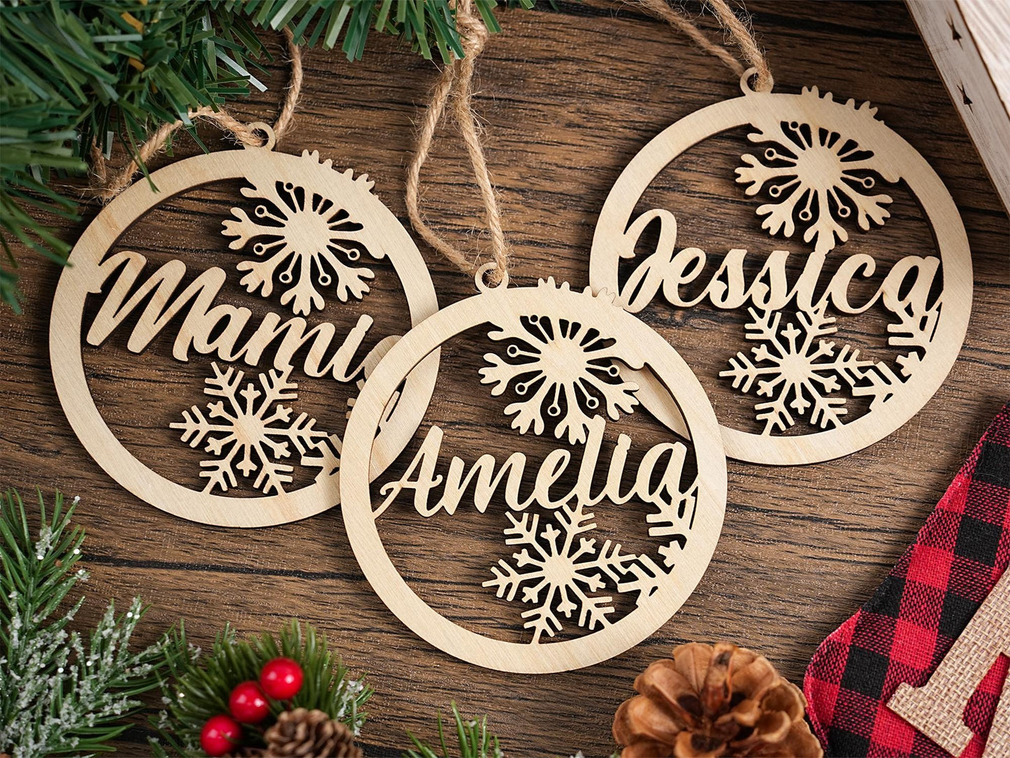 Personalized Wooden Christmas Ornaments, with Custom Family Names, Unique Holiday Gifts, Family Christmas Ornament,Laser Cut Name Ornament
