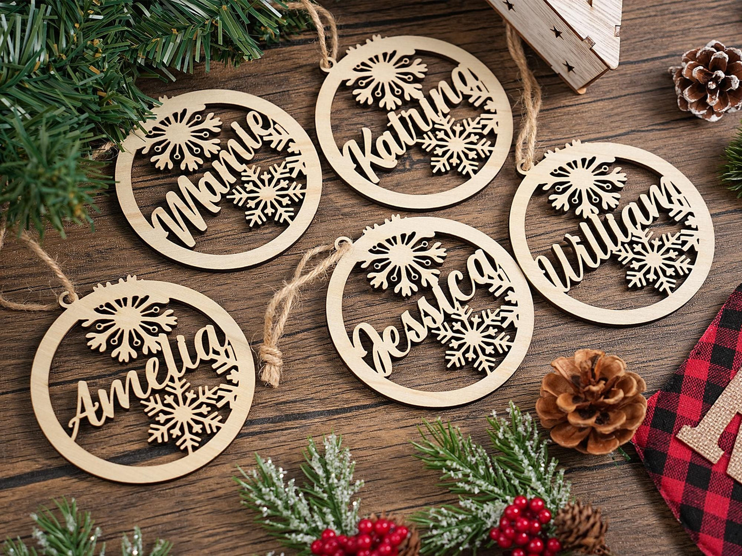 Personalized Wooden Christmas Ornaments, with Custom Family Names, Unique Holiday Gifts, Family Christmas Ornament,Laser Cut Name Ornament