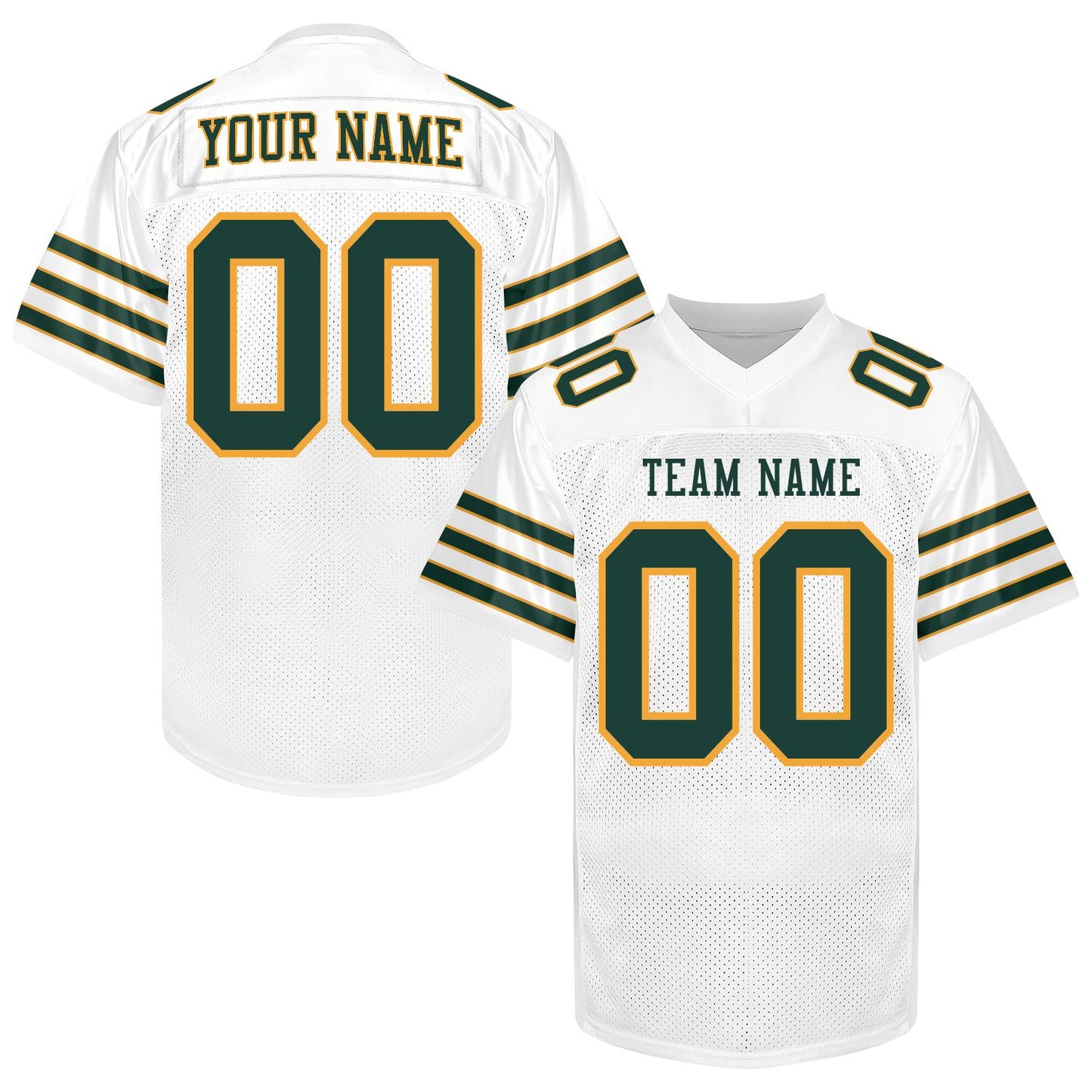Customized  Football Jersey Men Women Youth Kid, White Green Gold Football Shirt Printed Name Number and Logo, Practice Sports Uniform