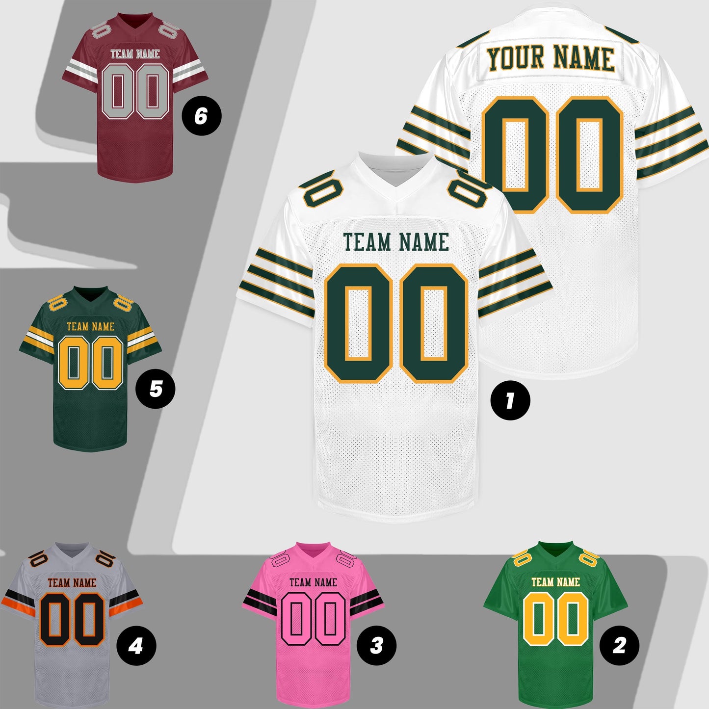 Customized  Football Jersey Men Women Youth Kid, White Green Gold Football Shirt Printed Name Number and Logo, Practice Sports Uniform