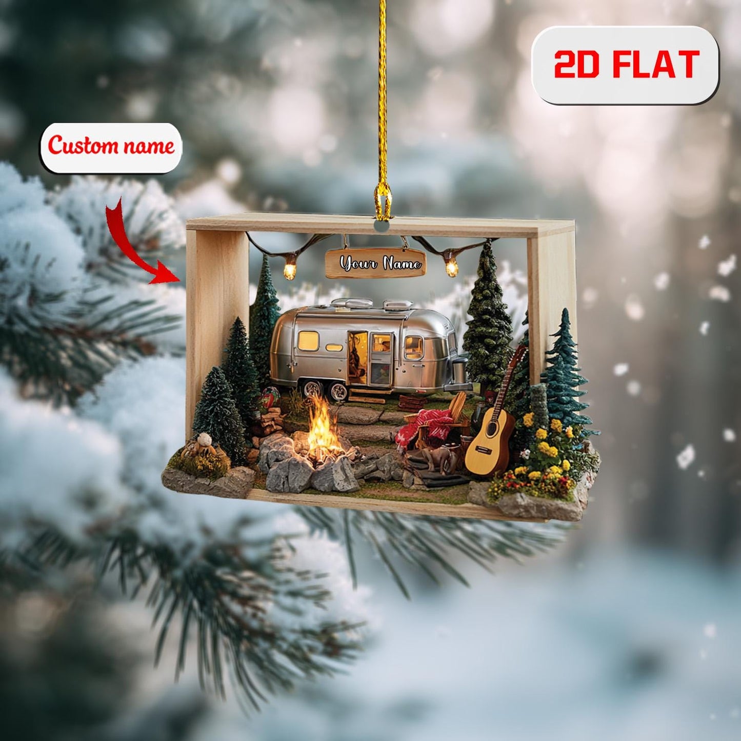 Personalized Camping Ornament, Custom Name RV Camper Christmas Ornament, Travel Trailer Holiday Decoration, Campfire Adventure Gift