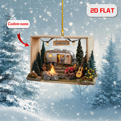 Personalized Camping Ornament, Custom Name RV Camper Christmas Ornament, Travel Trailer Holiday Decoration, Campfire Adventure Gift