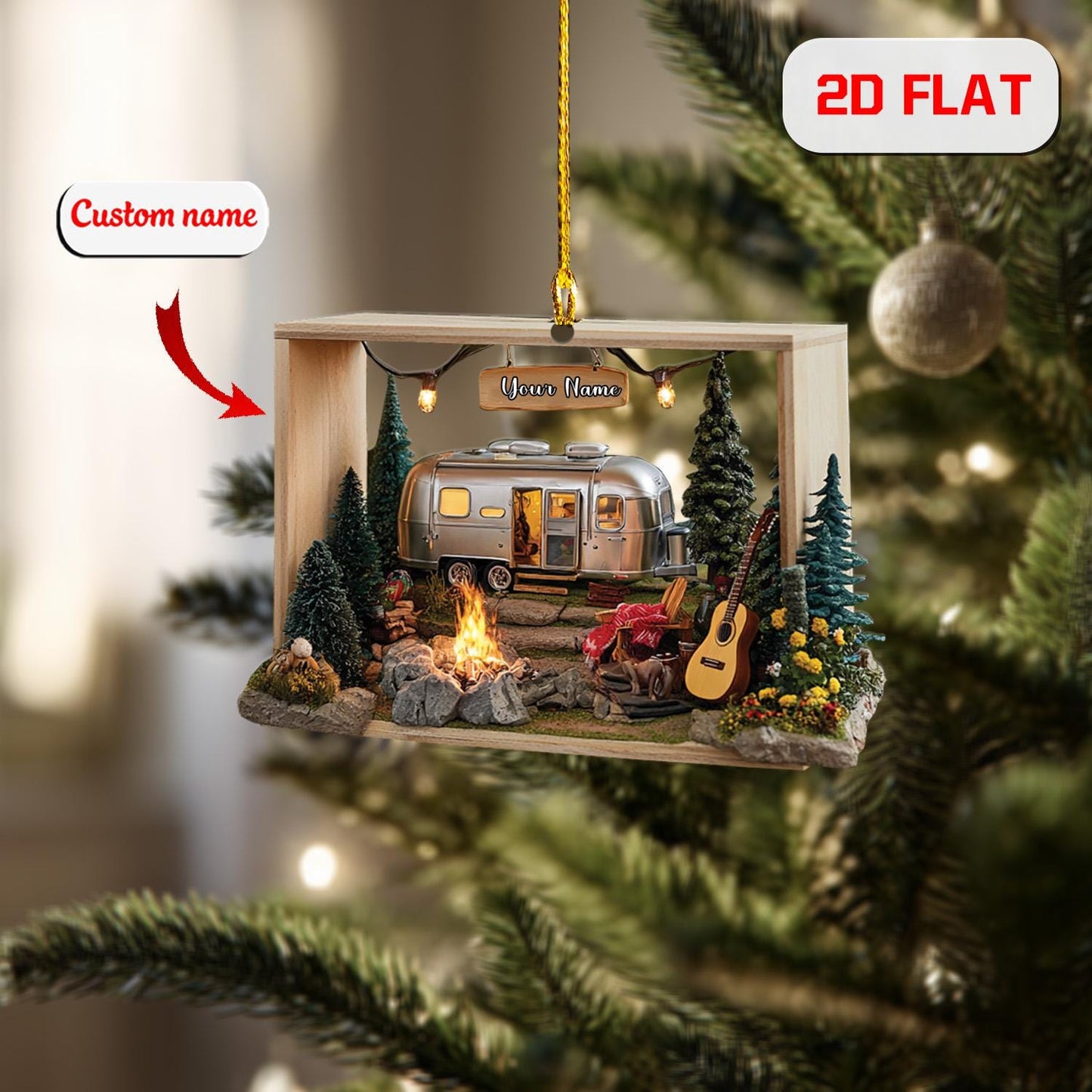 Personalized Camping Ornament, Custom Name RV Camper Christmas Ornament, Travel Trailer Holiday Decoration, Campfire Adventure Gift