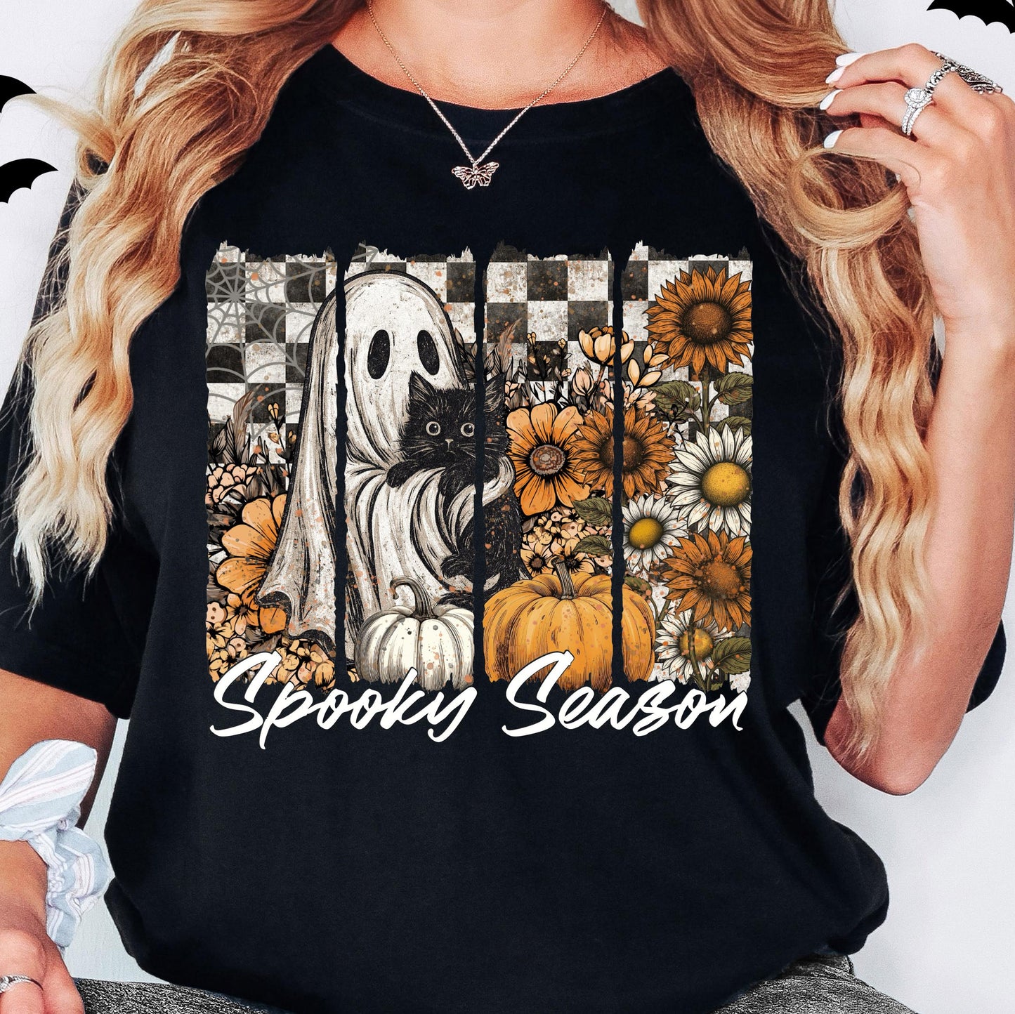 Floral Spooky Season Shirt, Ghost Cat Halloween Shirt, Black Cat Spooky Halloween Sweatshirt, Flower Checkered Horror Halloween T-Shirt