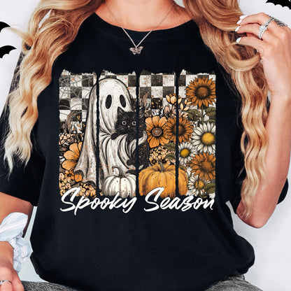 Floral Spooky Season Shirt, Ghost Cat Halloween Shirt, Black Cat Spooky Halloween Sweatshirt, Flower Checkered Horror Halloween T-Shirt