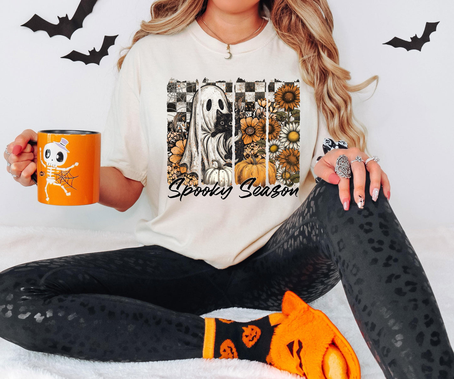 Floral Spooky Season Shirt, Ghost Cat Halloween Shirt, Black Cat Spooky Halloween Sweatshirt, Flower Checkered Horror Halloween T-Shirt