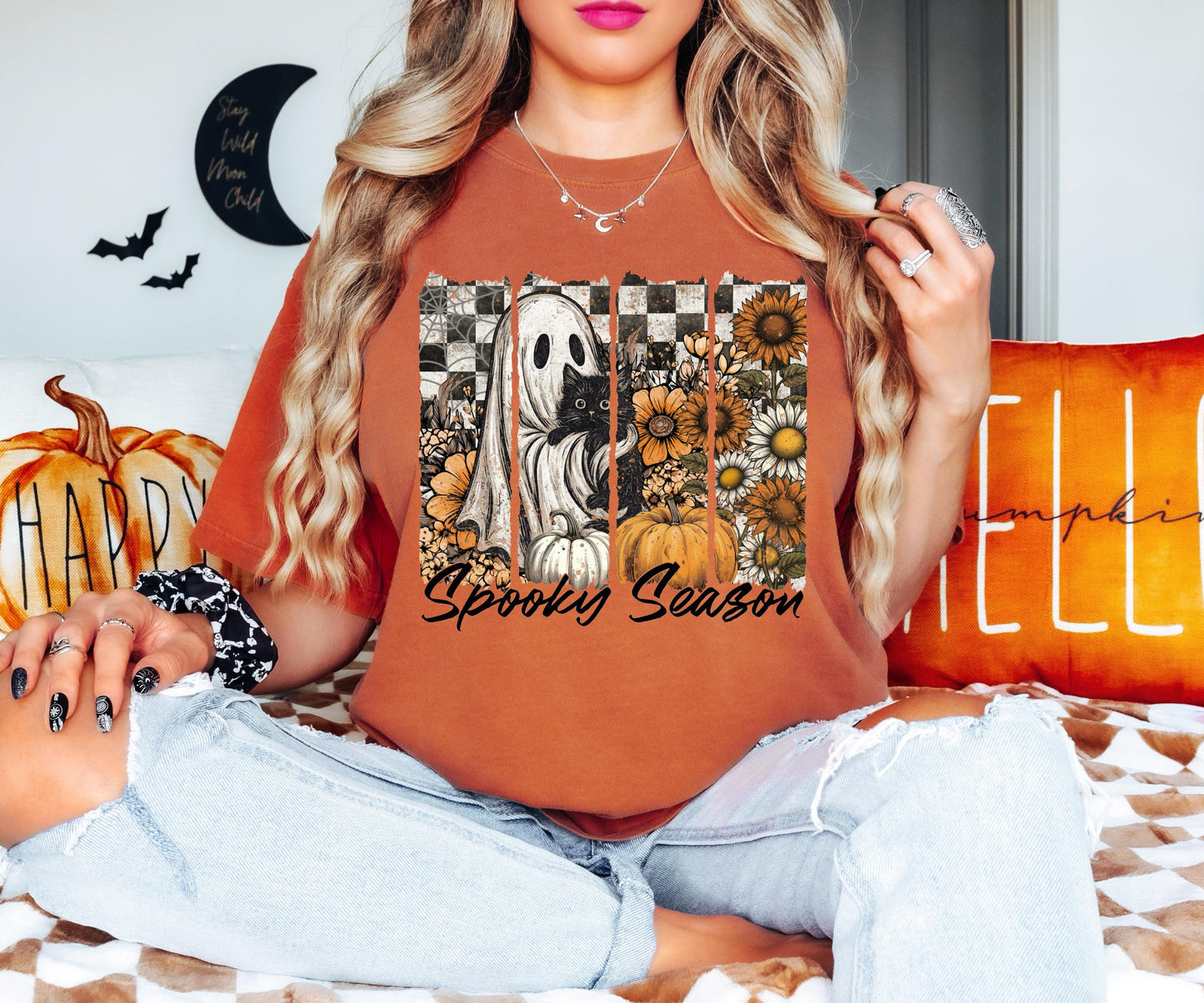 Floral Spooky Season Shirt, Ghost Cat Halloween Shirt, Black Cat Spooky Halloween Sweatshirt, Flower Checkered Horror Halloween T-Shirt