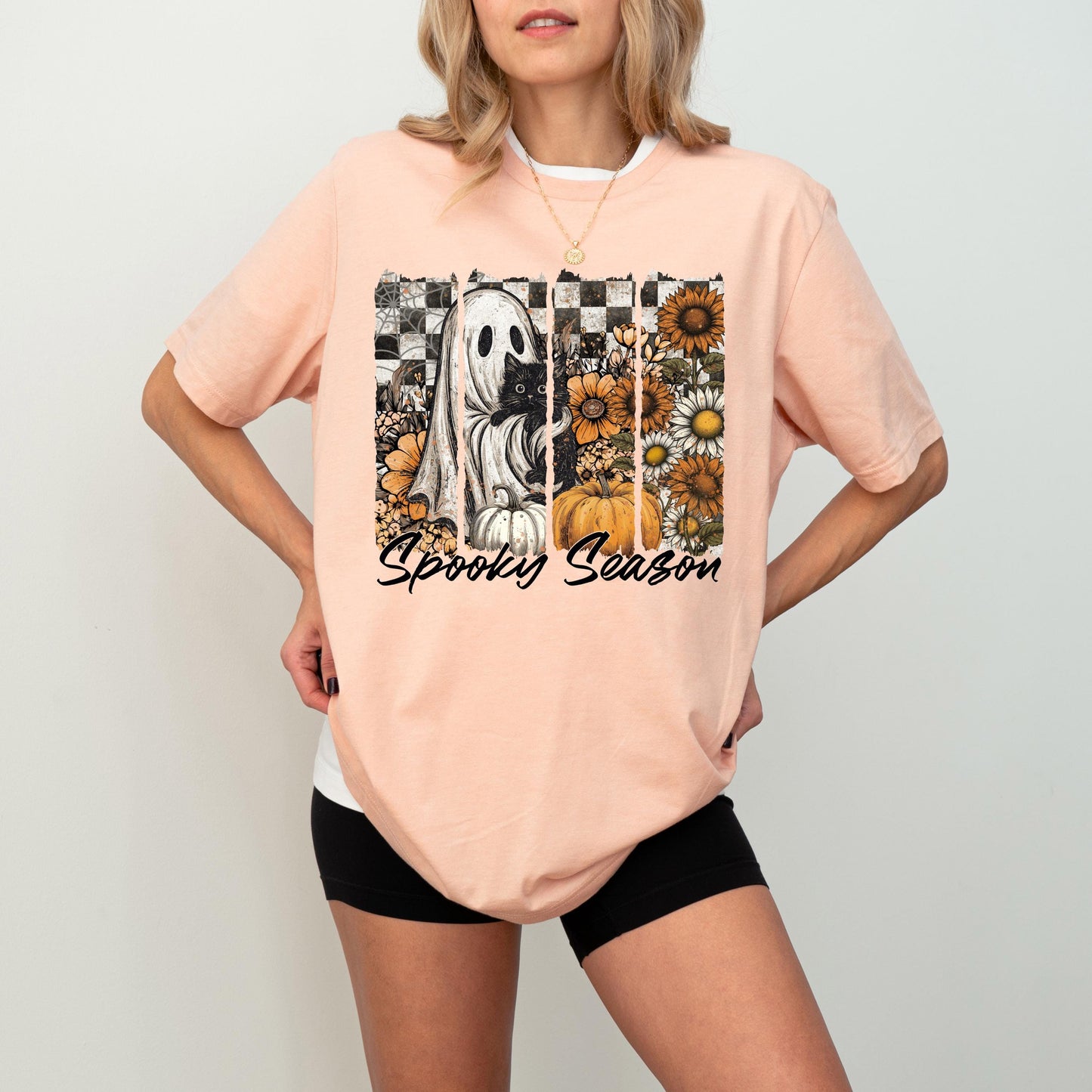 Floral Spooky Season Shirt, Ghost Cat Halloween Shirt, Black Cat Spooky Halloween Sweatshirt, Flower Checkered Horror Halloween T-Shirt