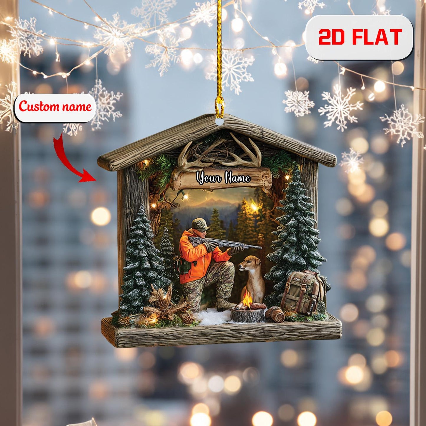 Personalized Hunting Ornament, Custom Name Hunter and Dog Christmas Ornament, Deer Hunting Holiday Decor, Outdoor Adventure Gift