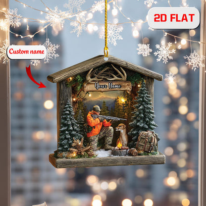 Personalized Hunting Ornament, Custom Name Hunter and Dog Christmas Ornament, Deer Hunting Holiday Decor, Outdoor Adventure Gift