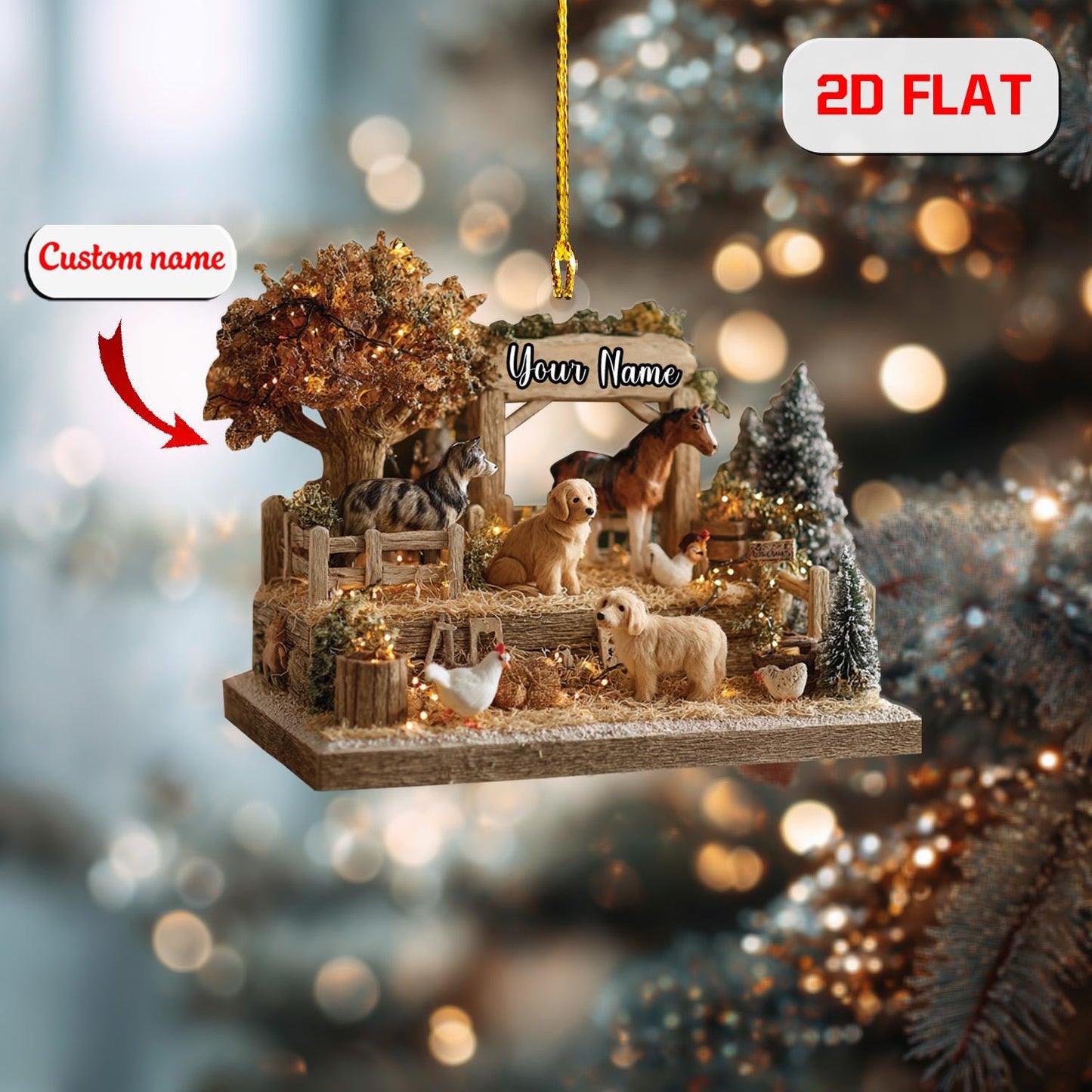 Personalized Farm Animal Ornament, Custom Name Christmas Ornament with Dog Horse Chicken, Rustic Barn Holiday Decor, Country Gift Idea