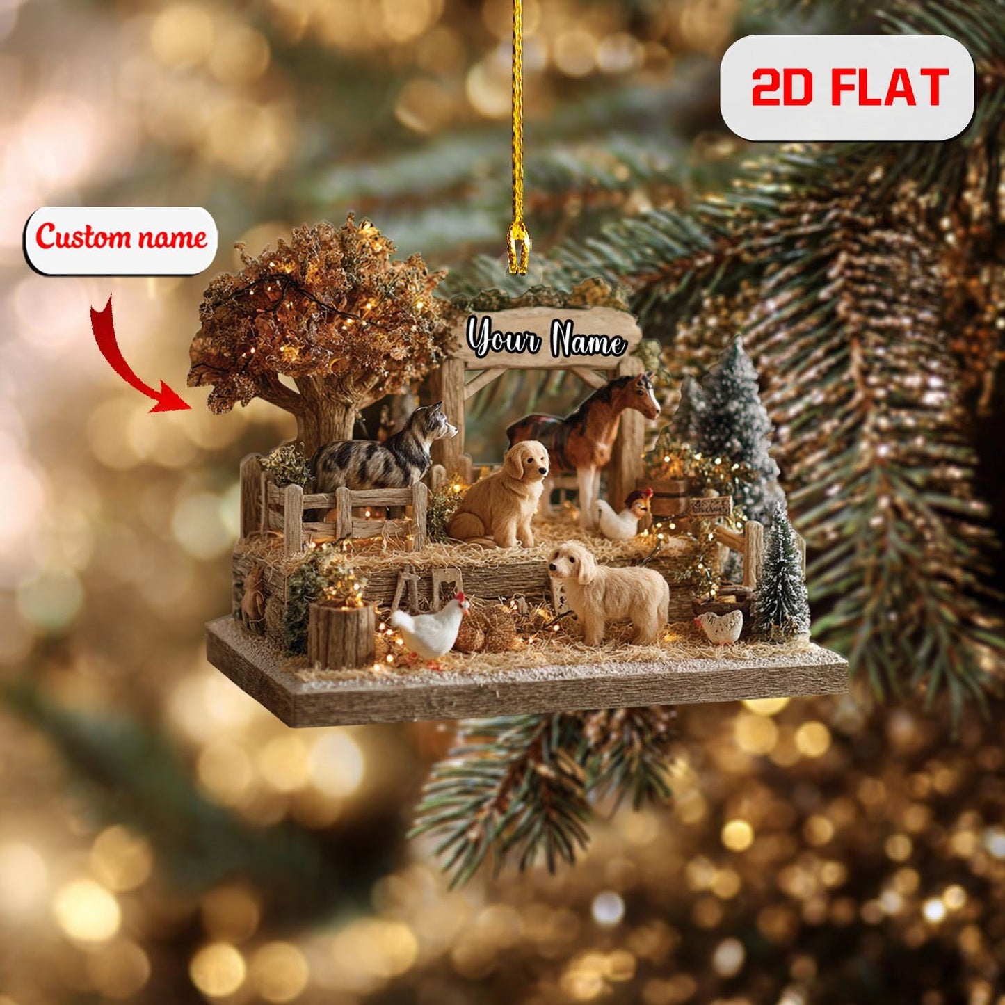 Personalized Farm Animal Ornament, Custom Name Christmas Ornament with Dog Horse Chicken, Rustic Barn Holiday Decor, Country Gift Idea