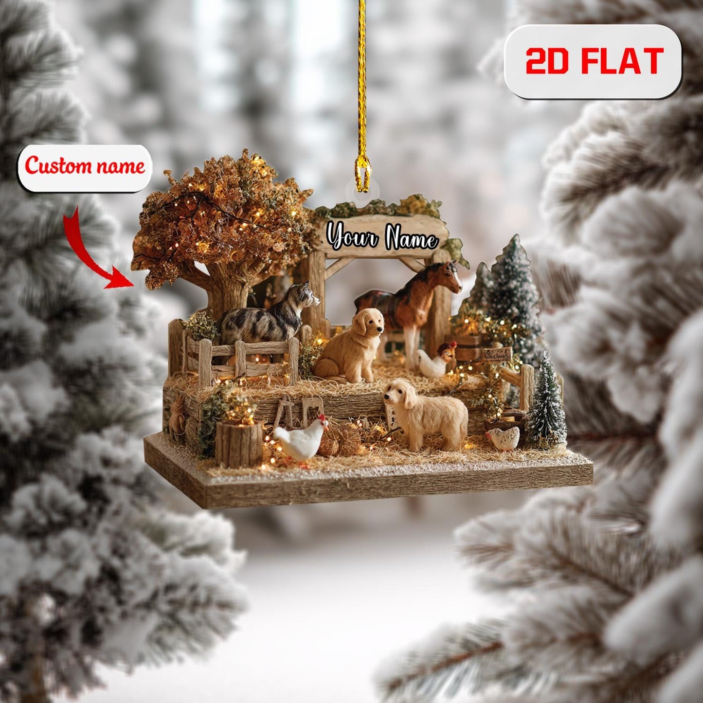 Personalized Farm Animal Ornament, Custom Name Christmas Ornament with Dog Horse Chicken, Rustic Barn Holiday Decor, Country Gift Idea